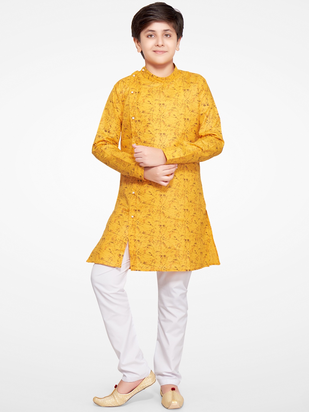 

Jeetethnics Boys Yellow Floral Printed Angrakha Kurta with Pyjamas