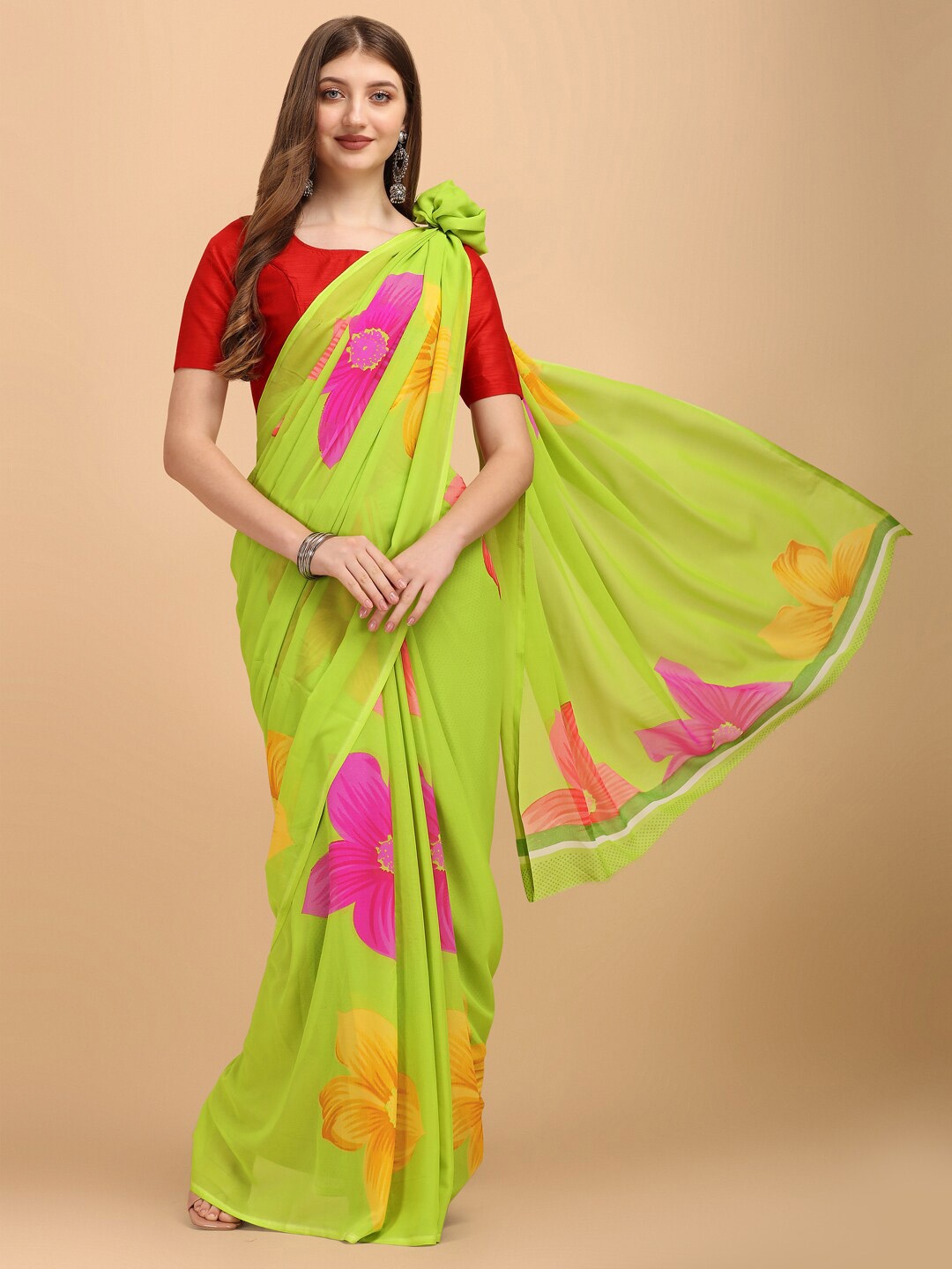 

Sangria Green & Pink Floral Georgette Saree