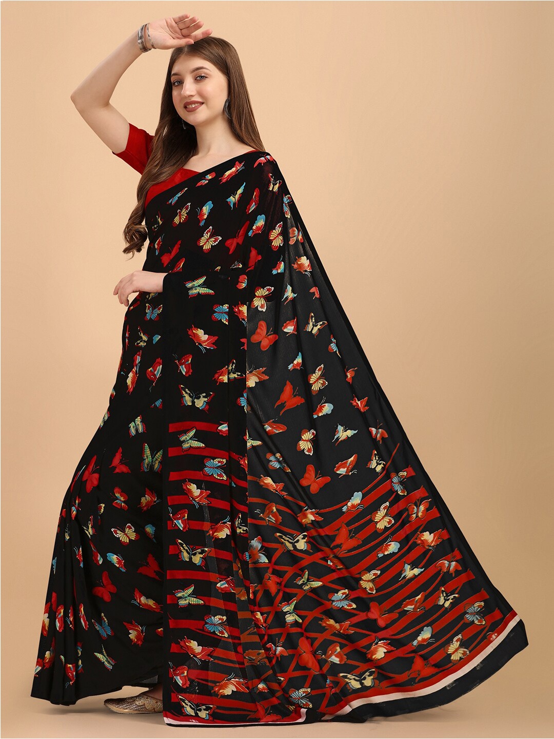 

Sangria Black & Red Butterfly Printed Saree