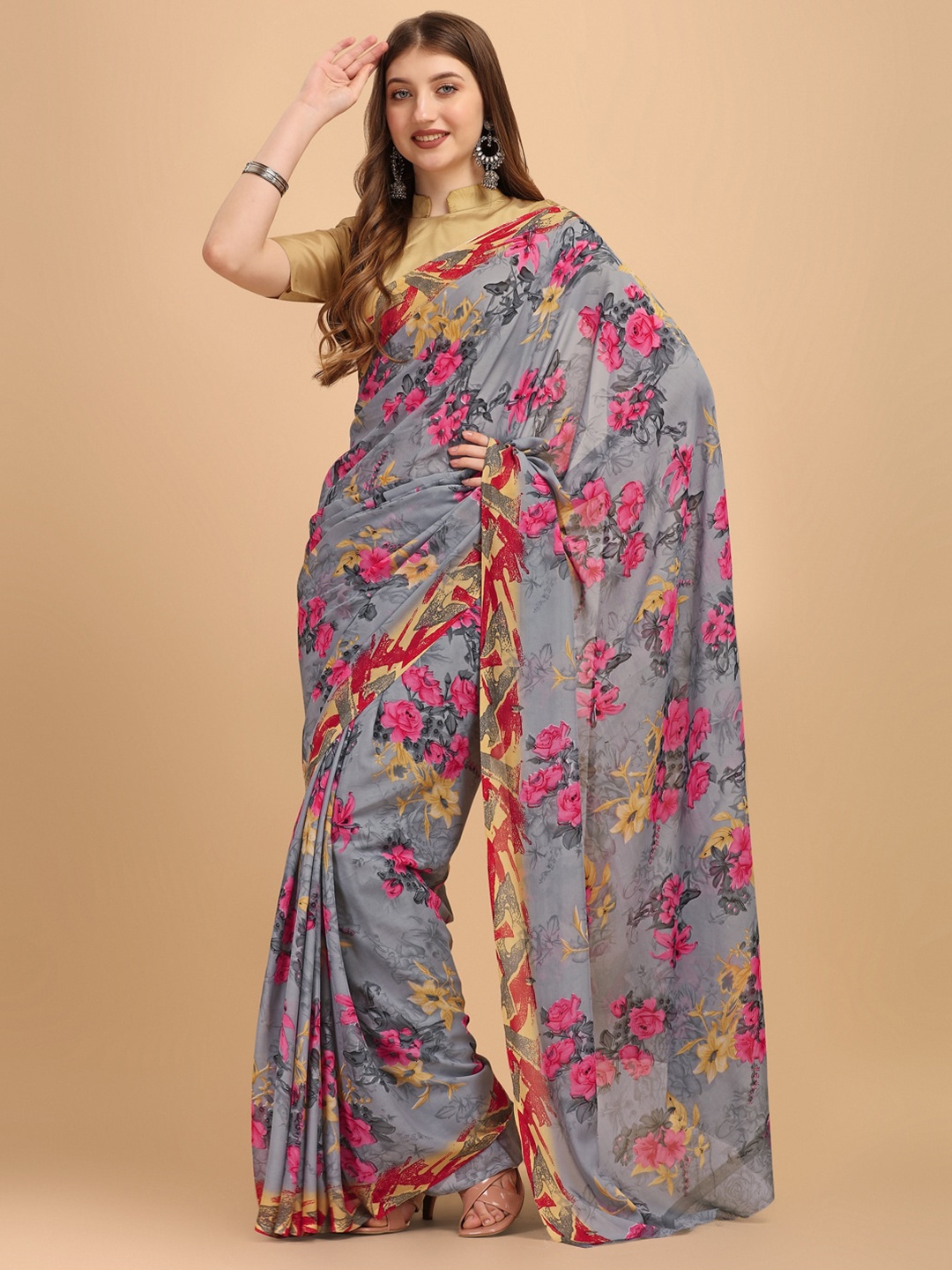 

Sangria Grey & Pink Floral Printed Georgette Saree