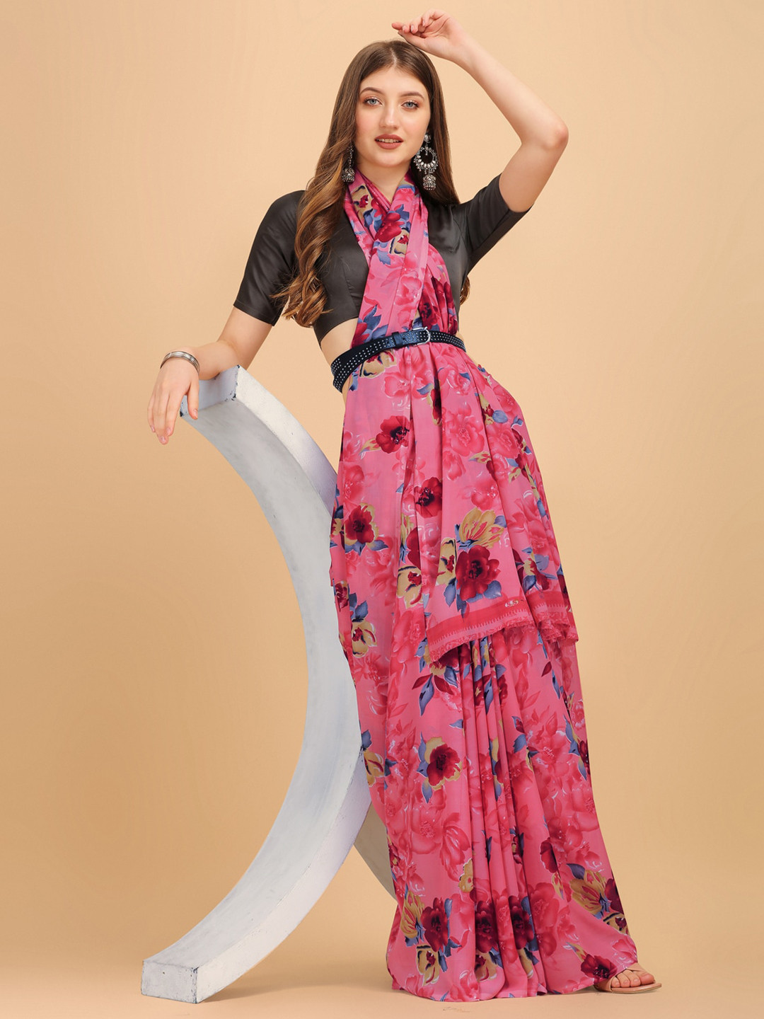 

Sangria Pink Floral Print Saree