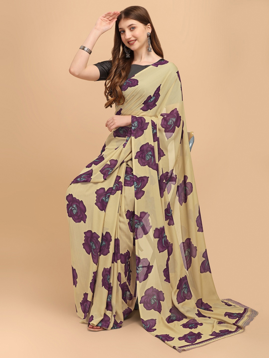 

Sangria Beige & Purple Floral Georgette Saree