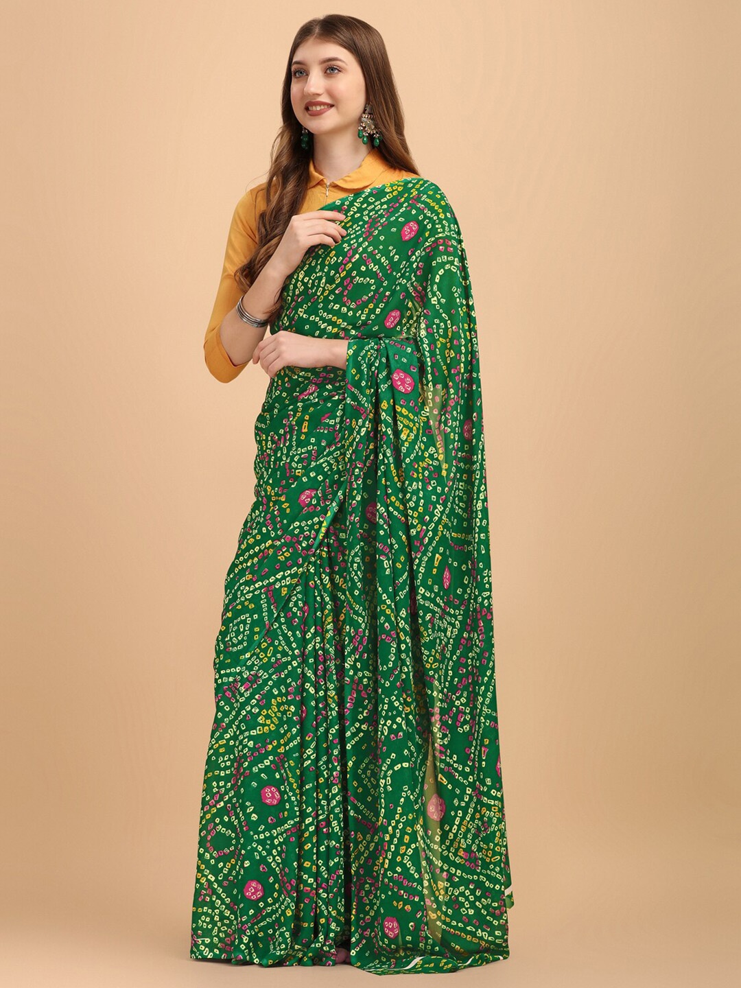 

Sangria Green & Pink Bandhani Saree