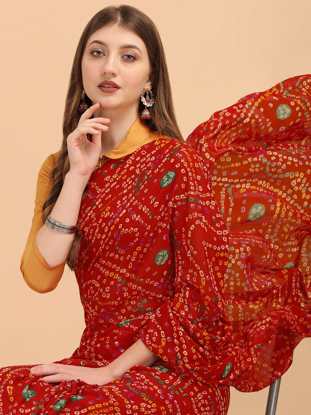 

Sangria Red & Yellow Bandhani Georgette Saree