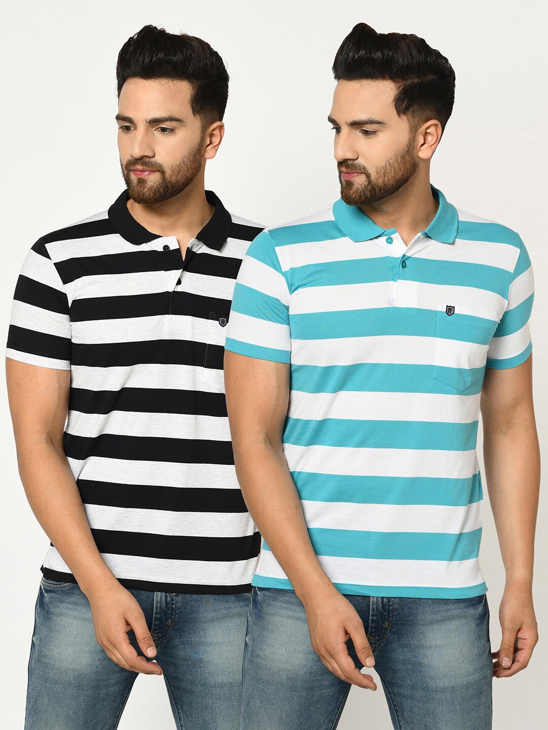 

Duke Men Se Of 2 White & Black Striped Polo Collar Slim Fit T-shirt