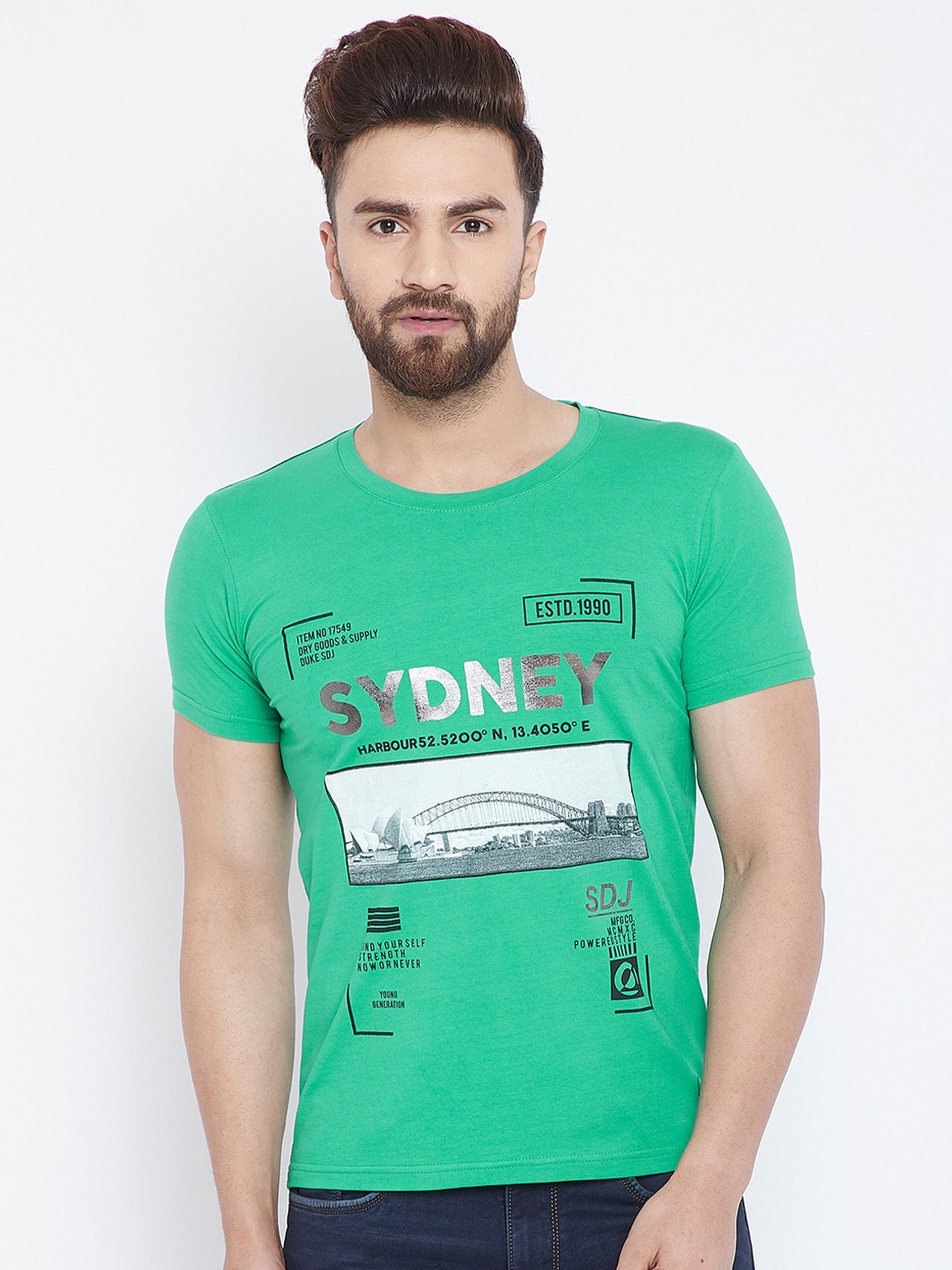 

Duke Men Green Typography Printed Slim Fit T-shirt