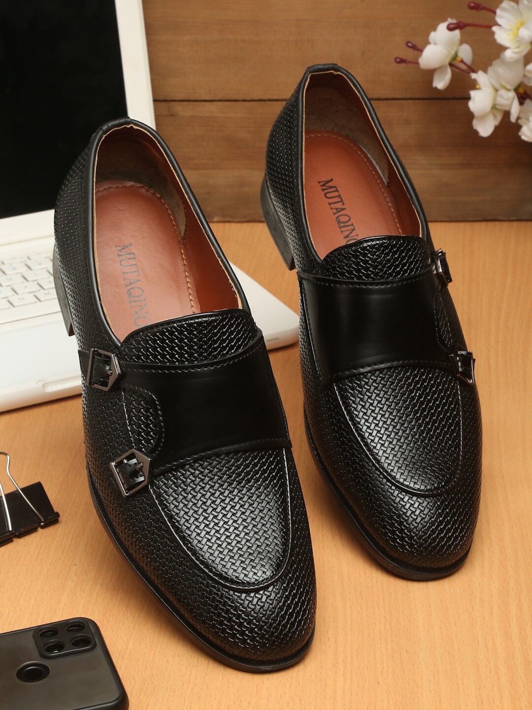 

MUTAQINOTI Men Black Textured Patent Leather Formal Monk Shoes
