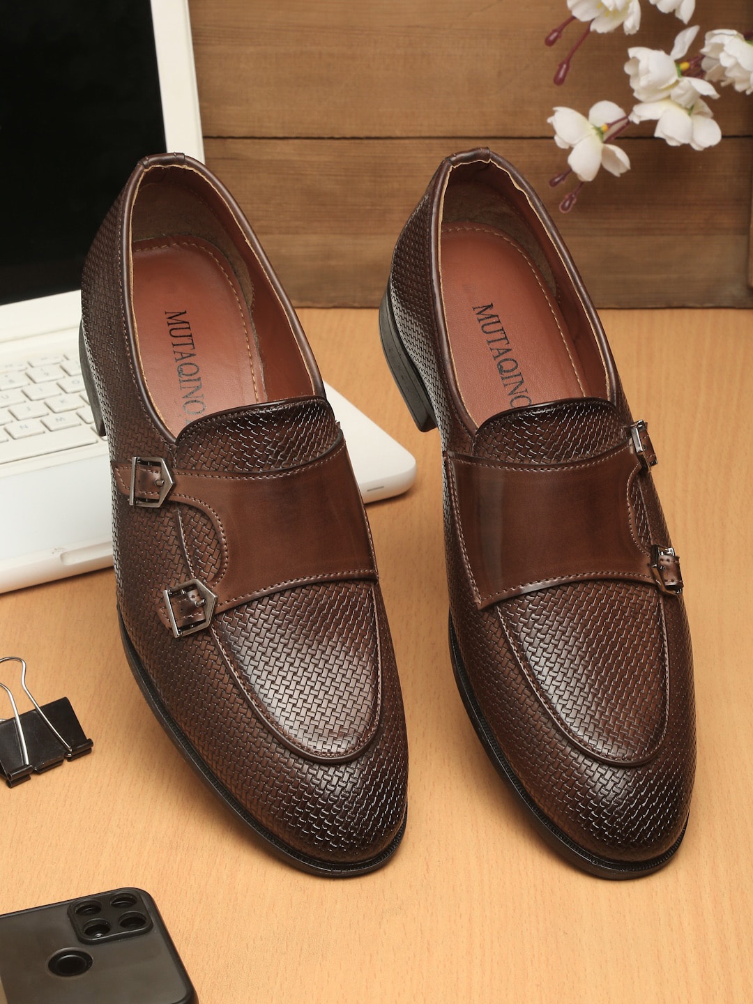 

MUTAQINOTI Men Brown Textured Patent Leather Formal Monk Shoes