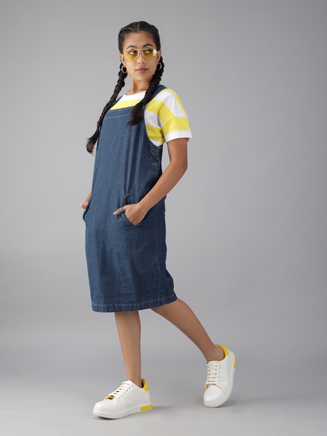 

UTH by Roadster Blue Denim Pure Cotton Pinafore Dress