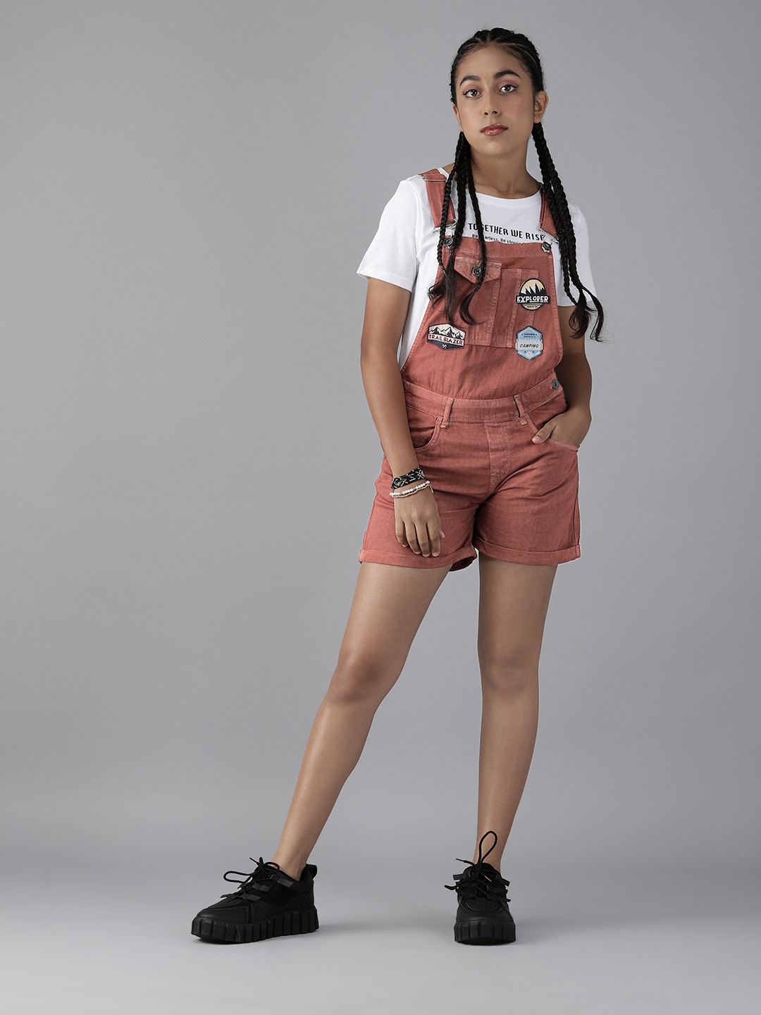 

UTH by Roadster Girls Brown Solid Dungaree with Applique Detail