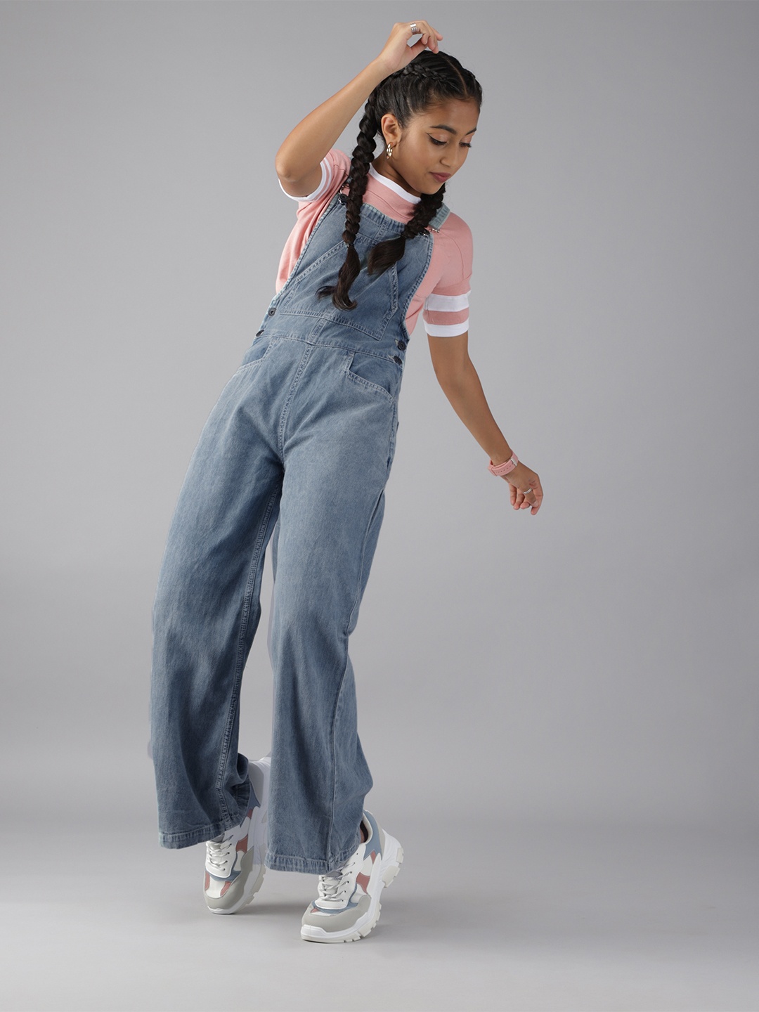 

UTH by Roadster Girls Blue Solid Pure Cotton Denim Dungarees