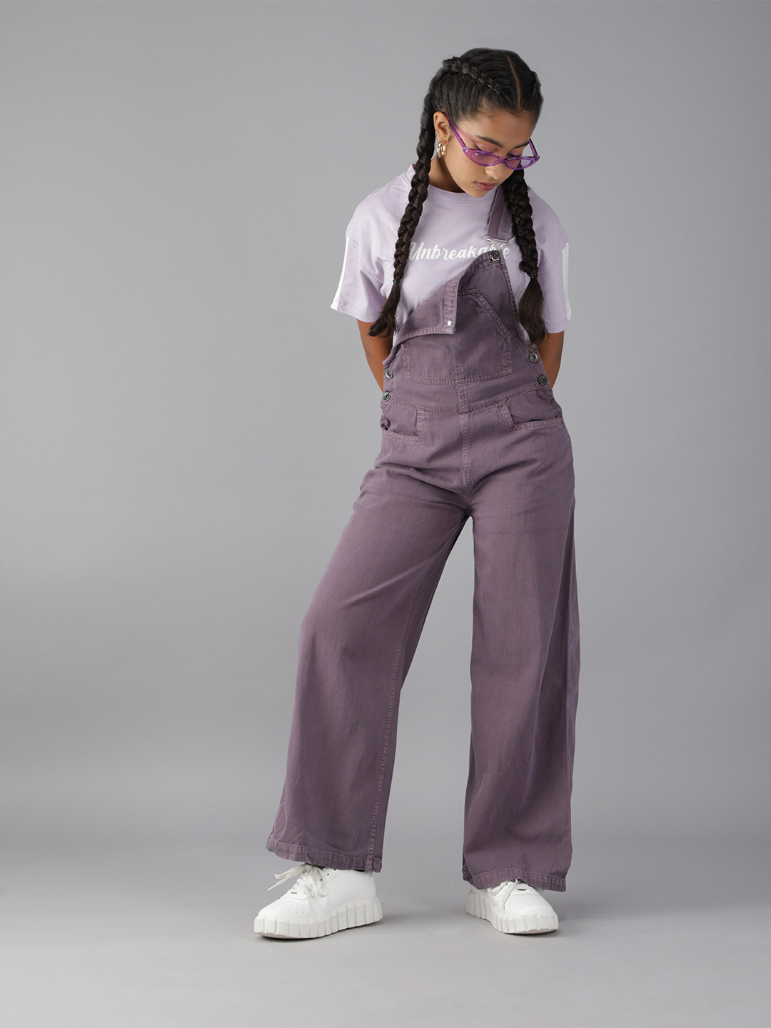 

UTH by Roadster Girls Purple Solid Denim Dungarees