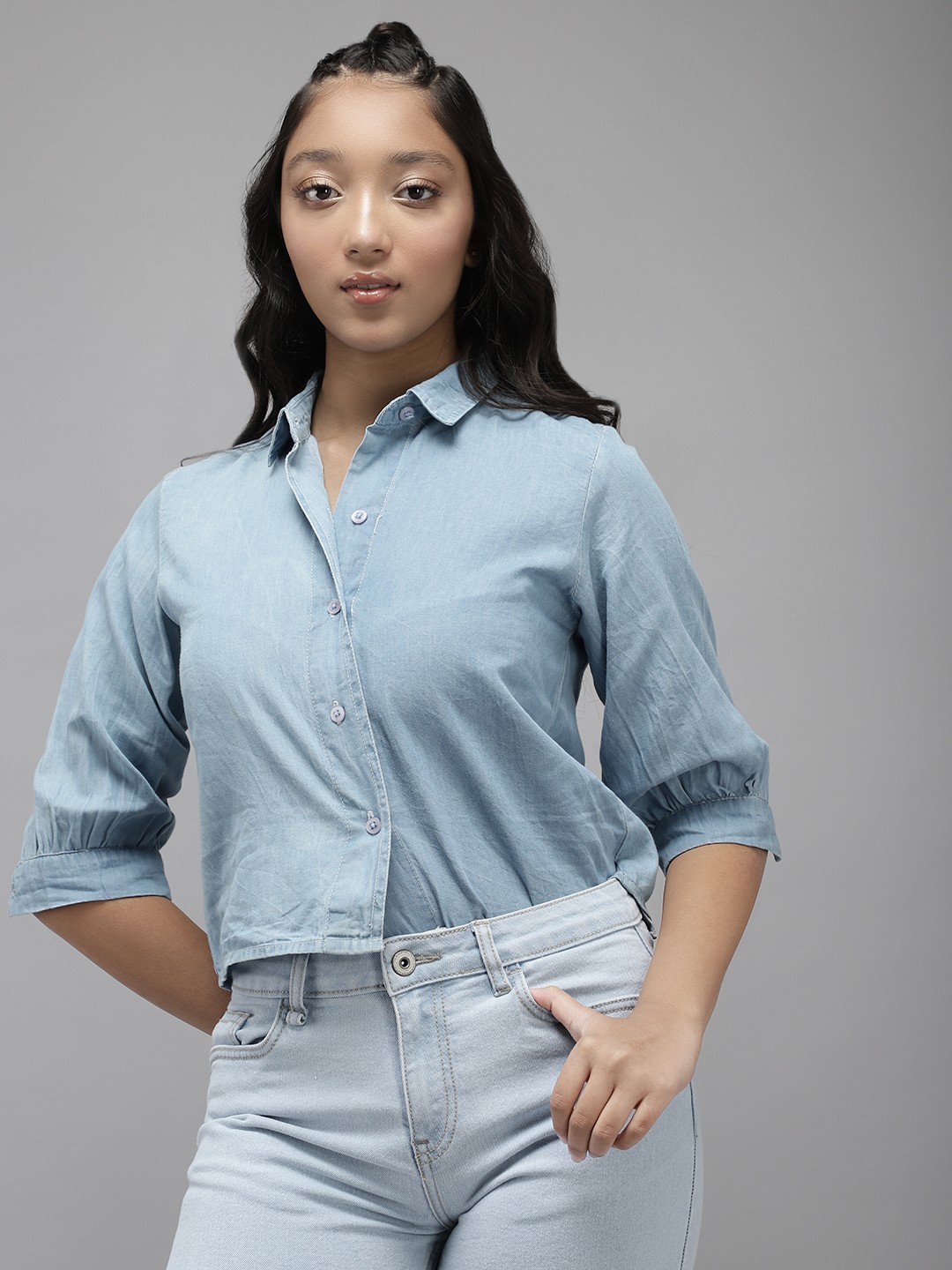 

UTH by Roadster Girls Blue Solid Pure Cotton Shirt