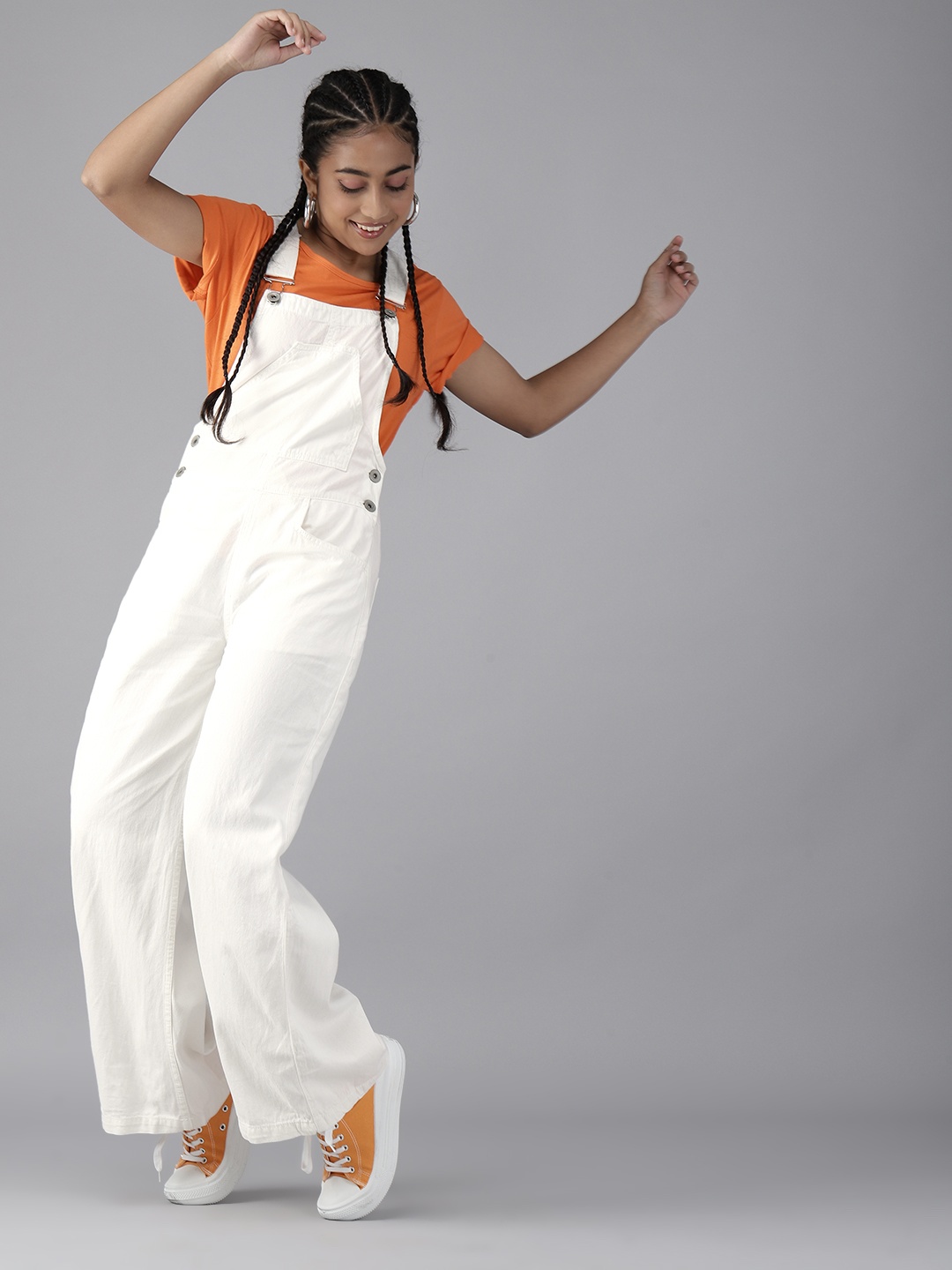 

UTH by Roadster Teen Girls White Solid Pure Cotton Dungarees