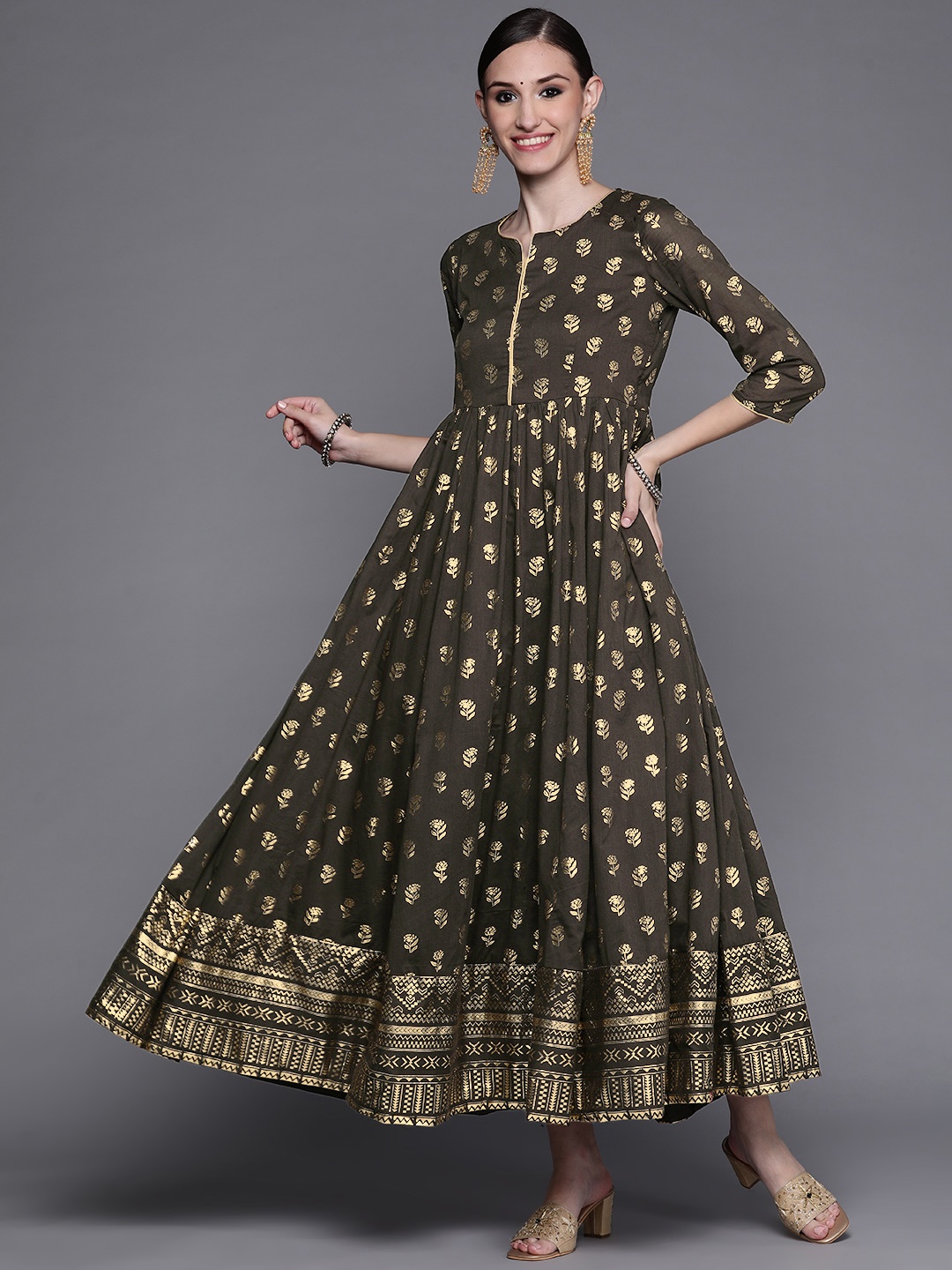 

Biba Charcoal & Golden Ethnic Motifs Ethnic A-Line Maxi Dress