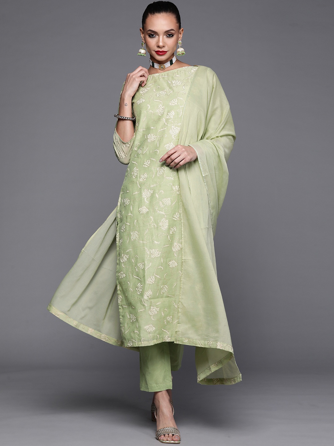 

Biba Women Green Ethnic Motifs Embroidered Kurta with Trousers & With Dupatta