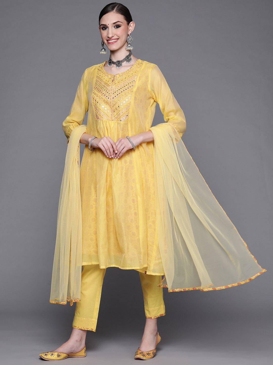 

Biba Women Yellow Ethnic Motifs Yoke Design Mirror Work Kurta with Trousers & With Dupatta