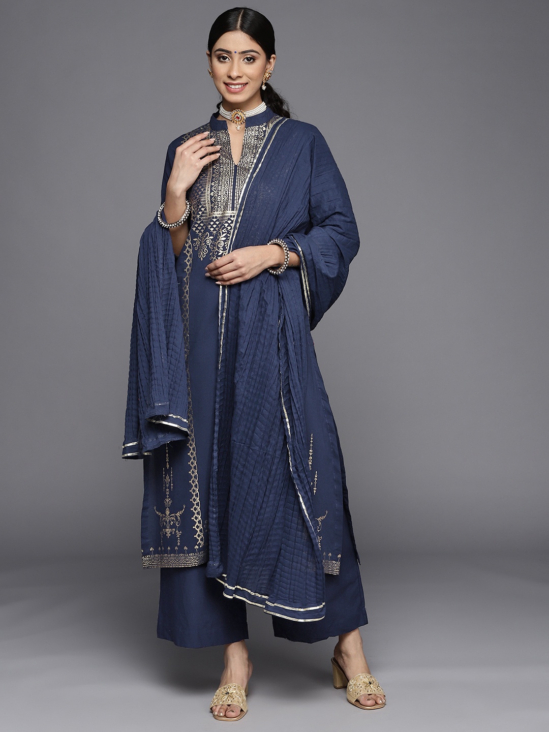 

Biba Women Navy Blue & Golden Printed Pure Cotton Kurta with Palazzos & Dupatta