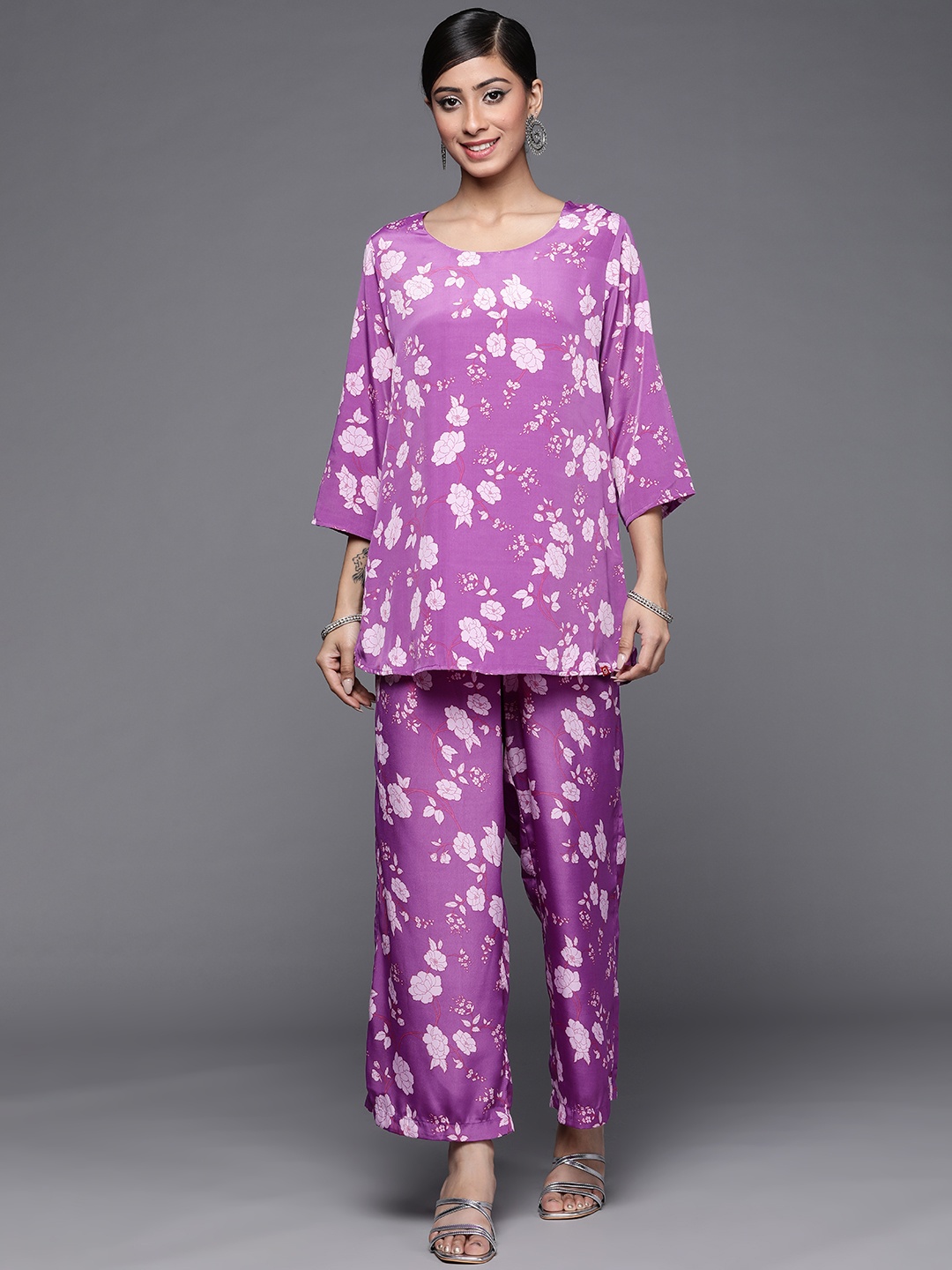 

Biba Women Purple Floral Printed Kurti with Palazzos