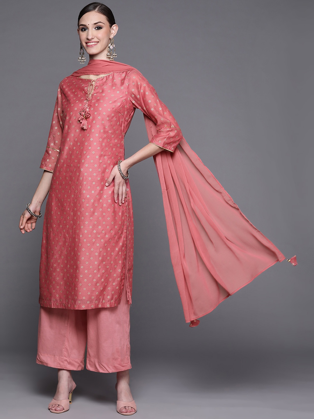 

Biba Women Pink Ethnic Motifs Printed Kurta with Trousers & With Dupatta