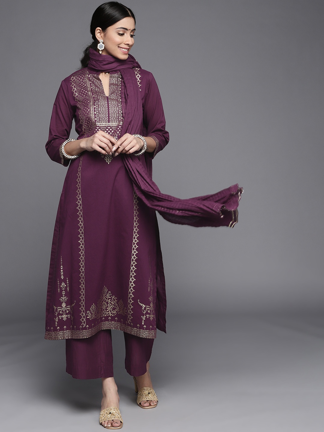 

Biba Women Purple & Golden Printed Pure Cotton Kurta with Palazzos & Dupatta