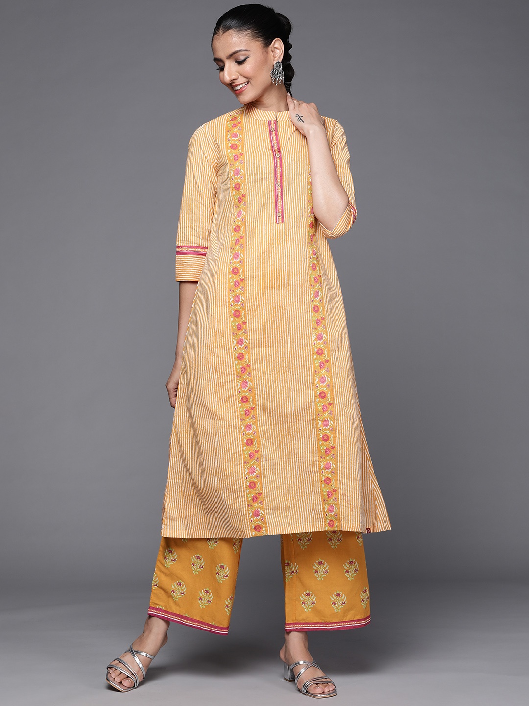 

Biba Women Mustard Yellow & White Striped Pure Cotton Kurta with Palazzos