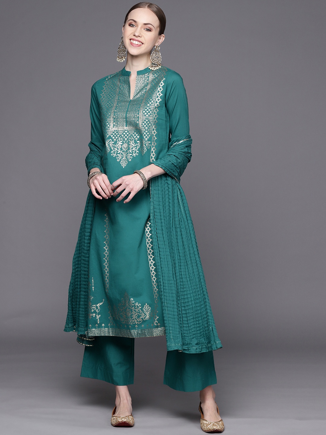 

Biba Women Green Ethnic Motifs Print Pure Cotton Kurta with Palazzos & Dupatta