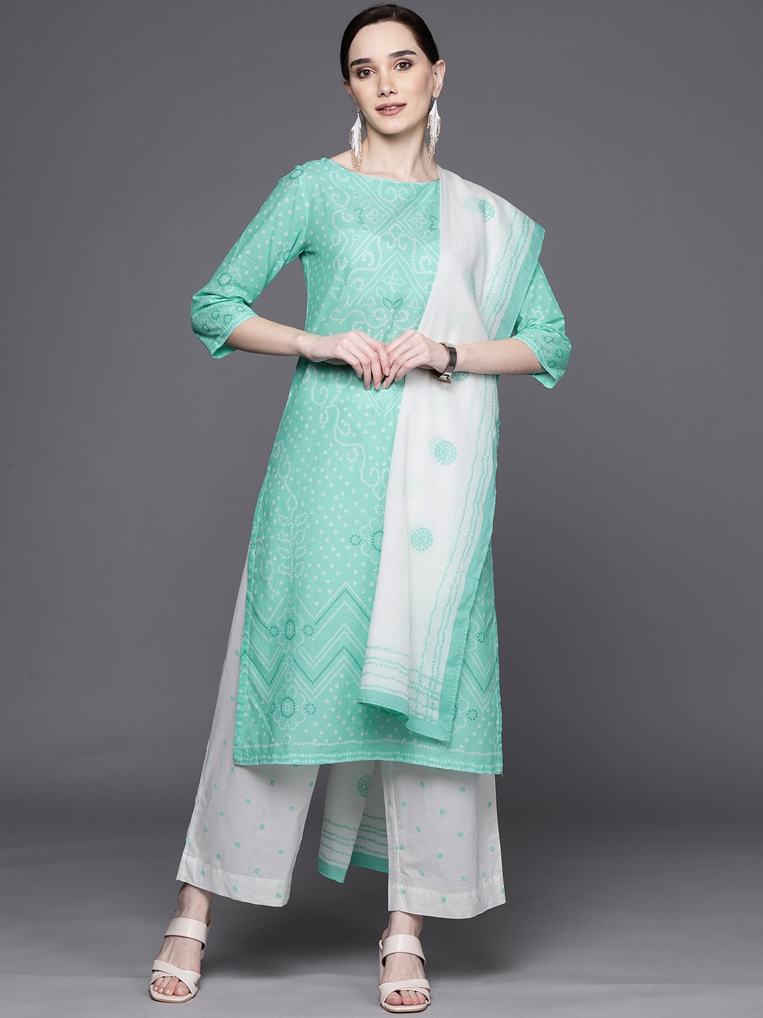 

Biba Women Sea Green & White Bandhani Print Pure Cotton Kurta with Palazzos & Dupatta