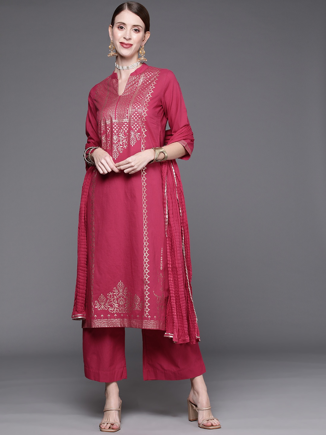 

Biba Women Fuchsia Ethnic Motifs Printed Pure Cotton Kurta with Palazzos & Dupatta