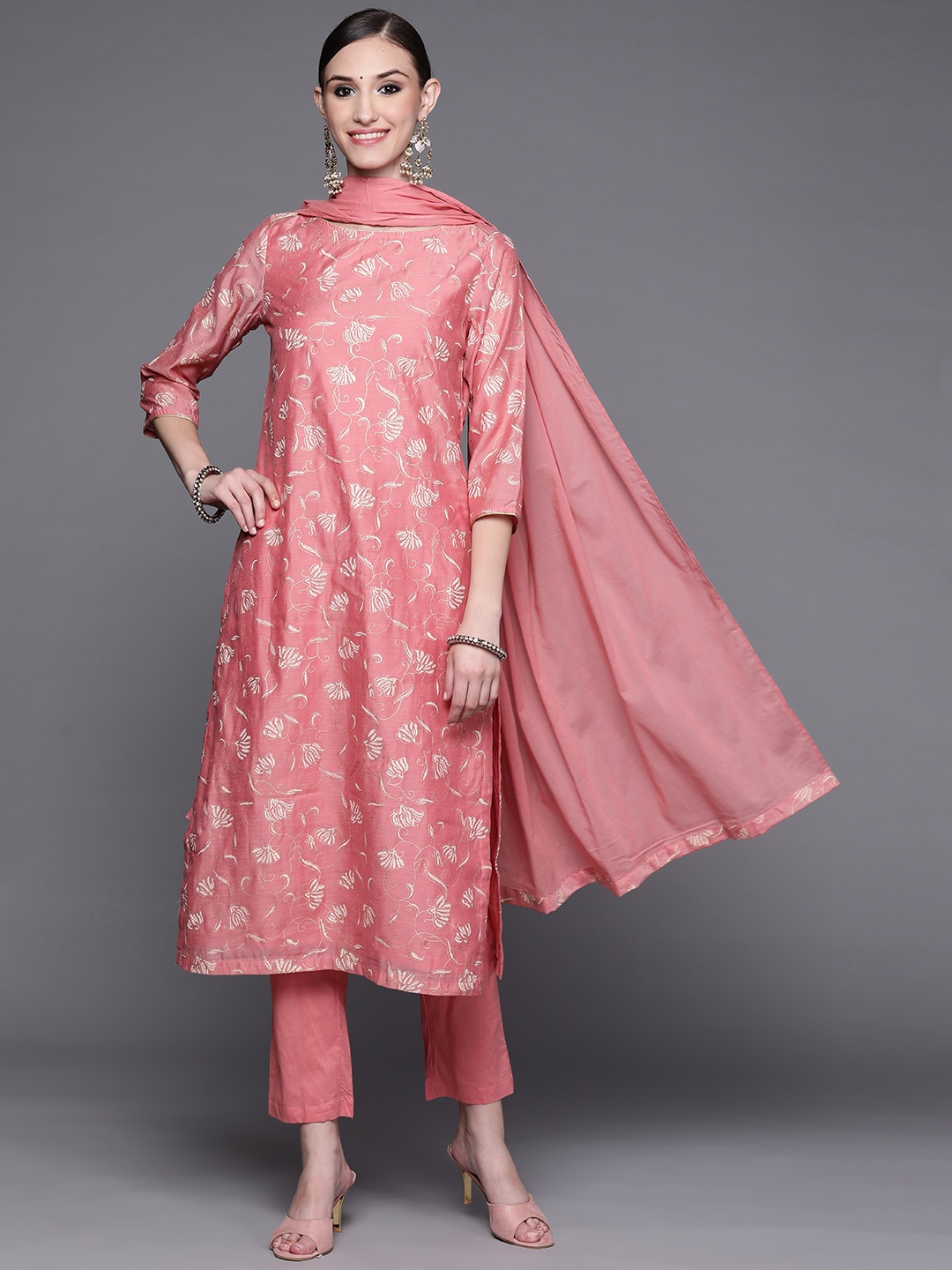 

Biba Women Pink & Golden Ethnic Motifs Kurta with Trousers & Dupatta