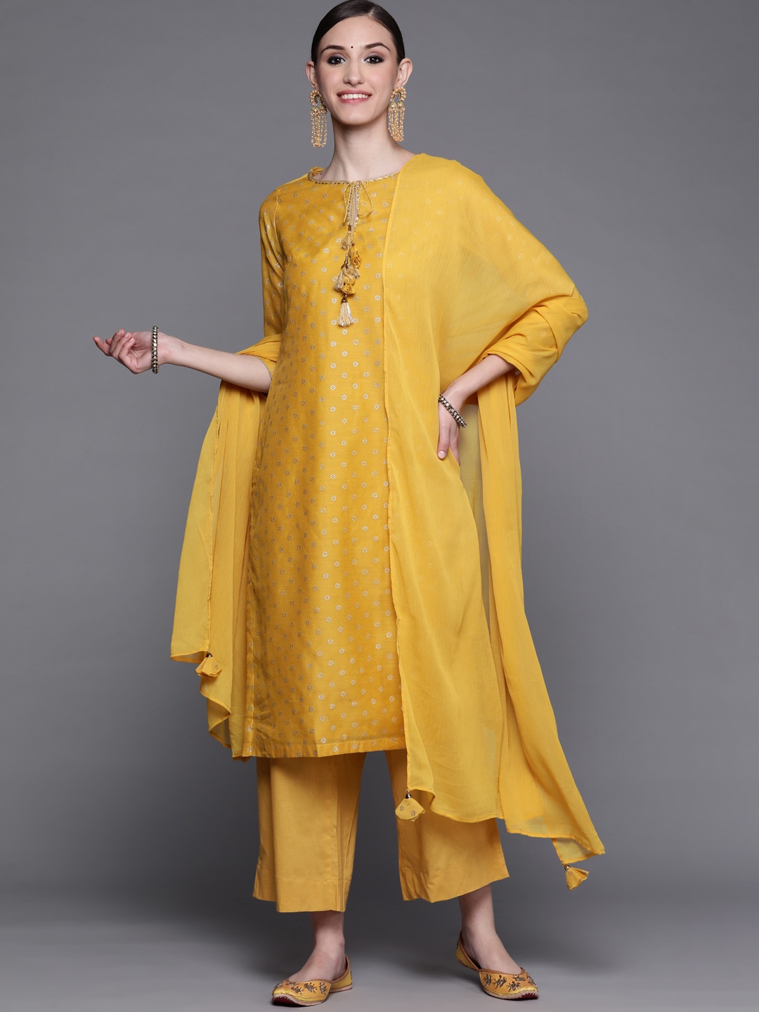 

Biba Women Mustard Yellow & Golden Ethnic Motifs Printed Kurta with Palazzos & Dupatta