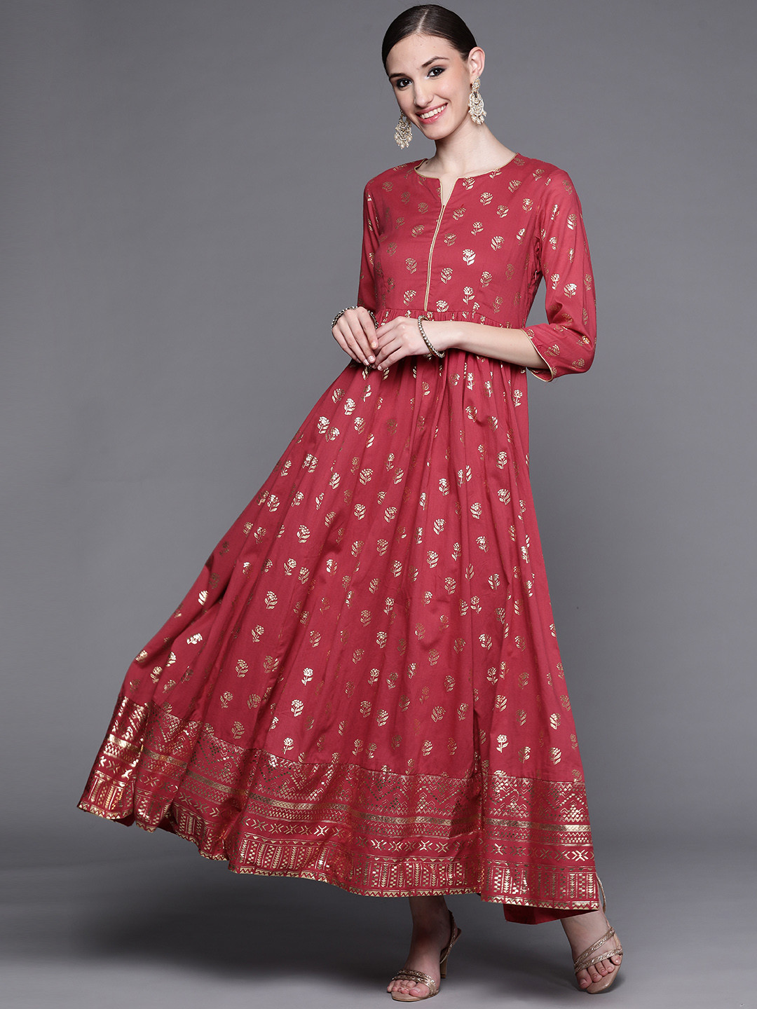 

Biba Red & Golden Ethnic Motifs Ethnic A-Line Maxi Dress