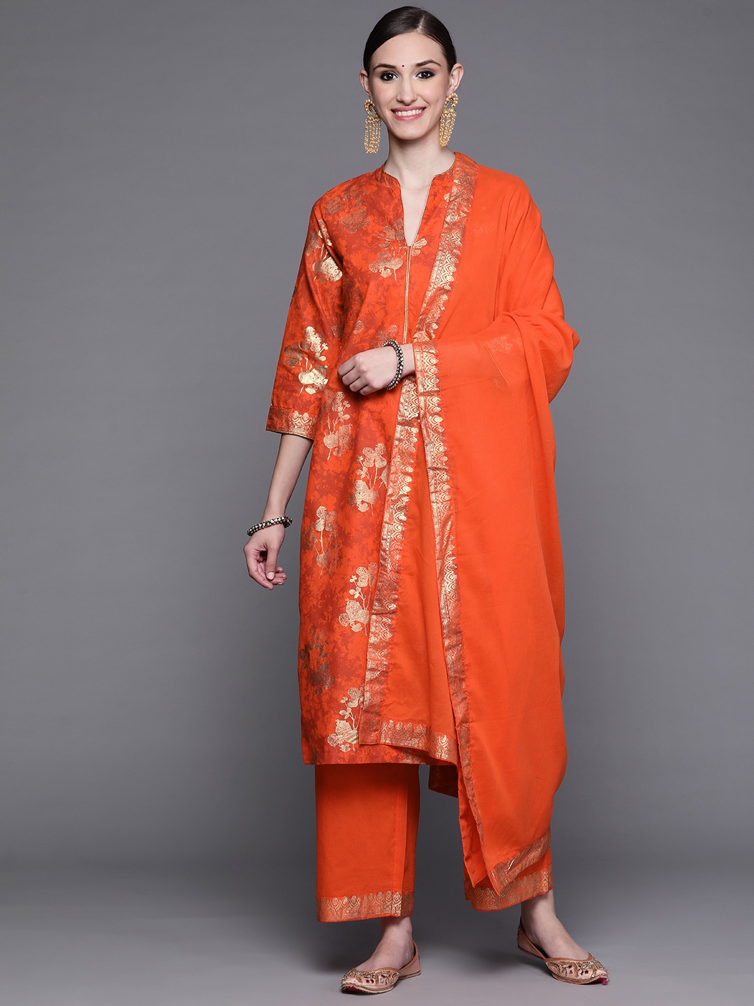 

Biba Women Orange Floral Printed Pure Cotton Kurta with Palazzos & With Dupatta