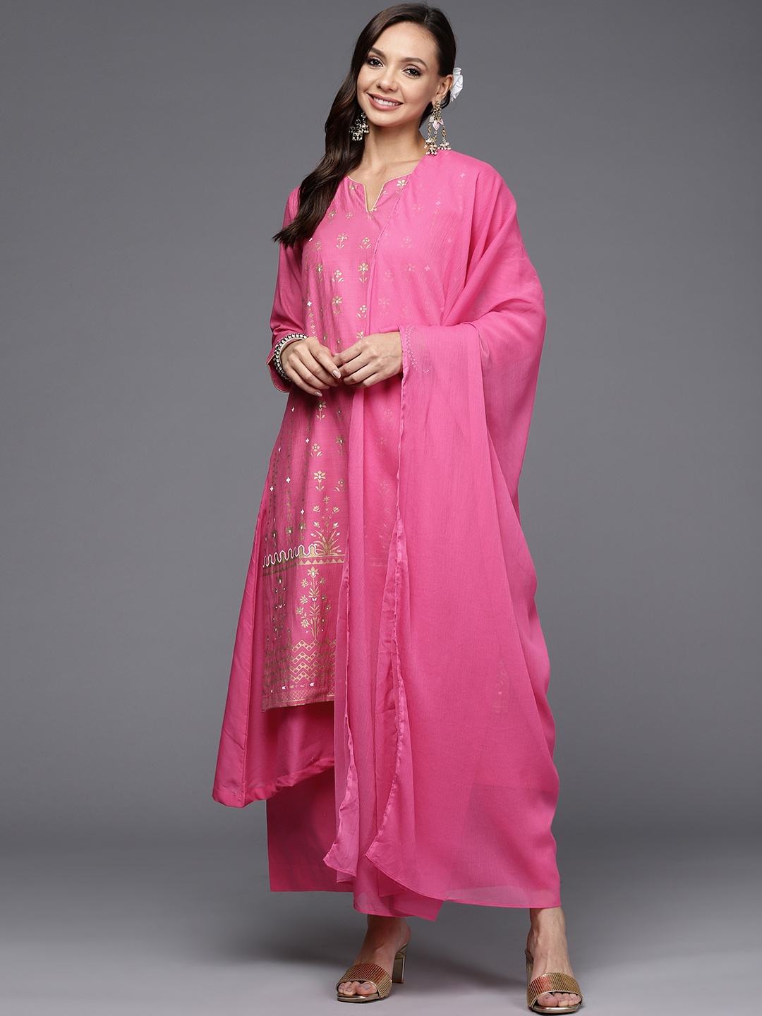 

Biba Women Pink Ethnic Motifs Layered Kurta with Churidar, Dupatta & Camisole