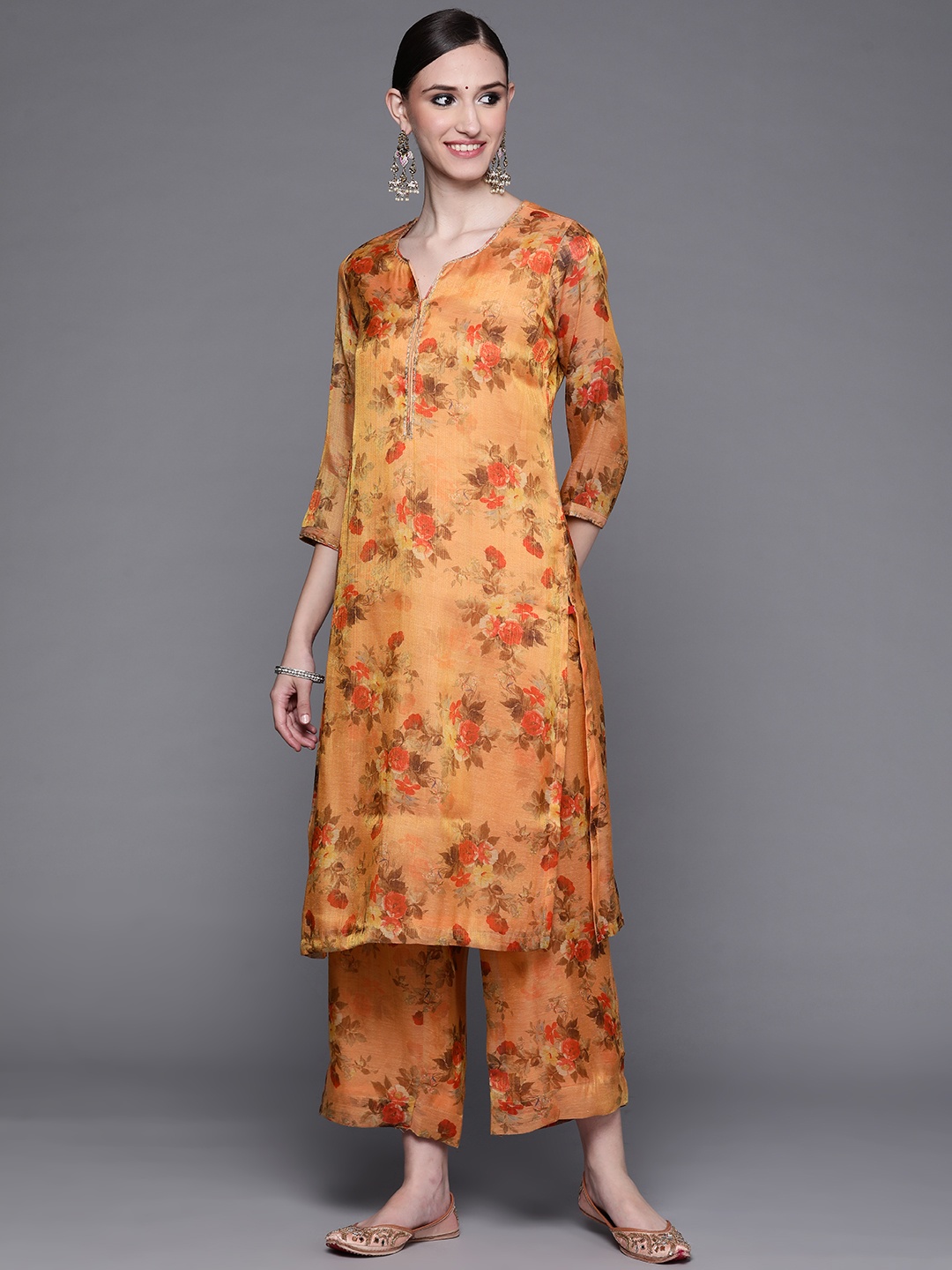 

Biba Women Peach-Coloured Floral Printed Kurta with Palazzos