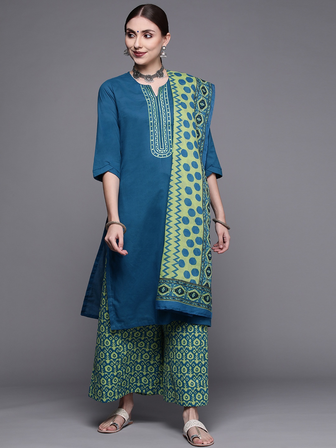 

Biba Women Blue & Green Yoke Design Pure Cotton Kurta with Palazzos & Dupatta