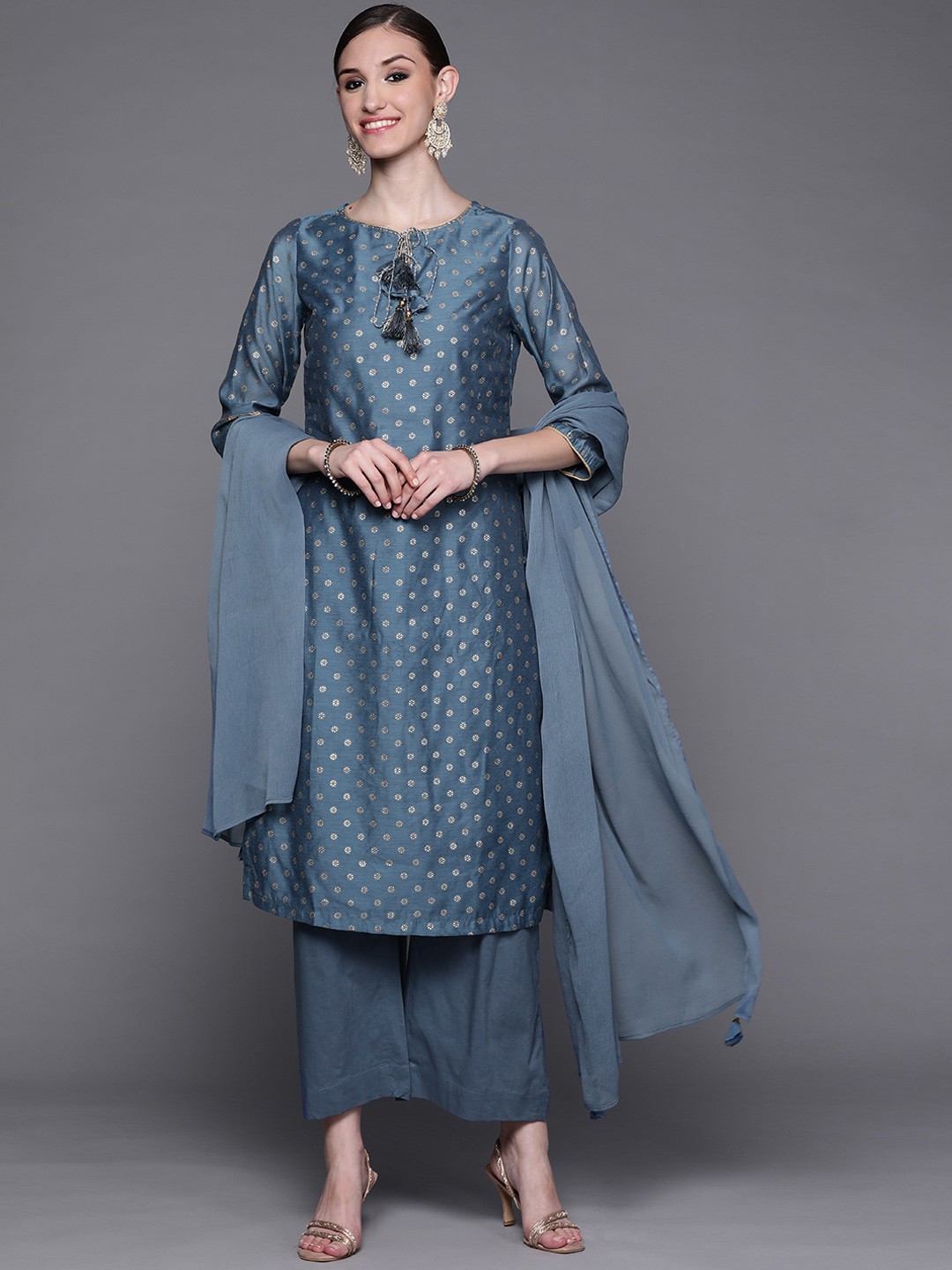 

Biba Women Blue Ethnic Motifs Printed Kurta with Palazzos & With Dupatta