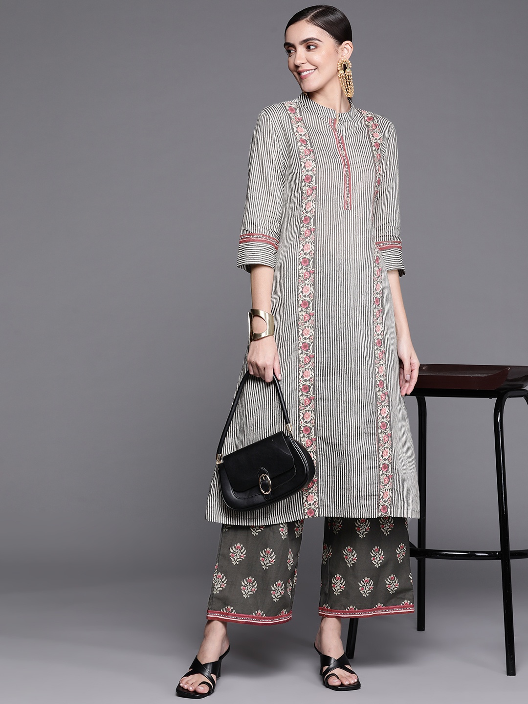 

Biba Women Grey Printed Pure Cotton Kurta with Palazzos
