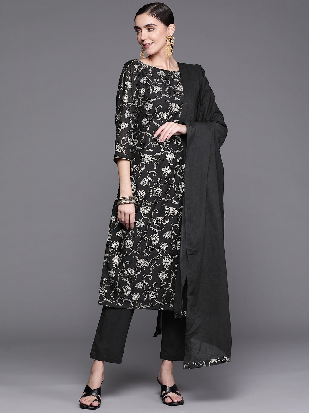 

Biba Women Black & Golden Printed Kurta with Trousers & Dupatta