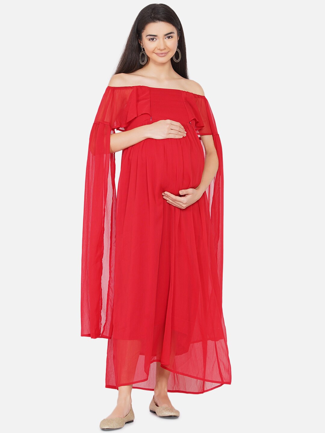 

Mine4Nine Red Off-Shoulder Chiffon Maternity Maxi Dress