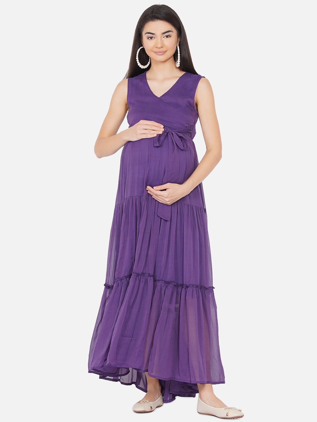 

Mine4Nine Women Purple Georgette Maternity Sleeveless Fit and Flare Maxi Dress