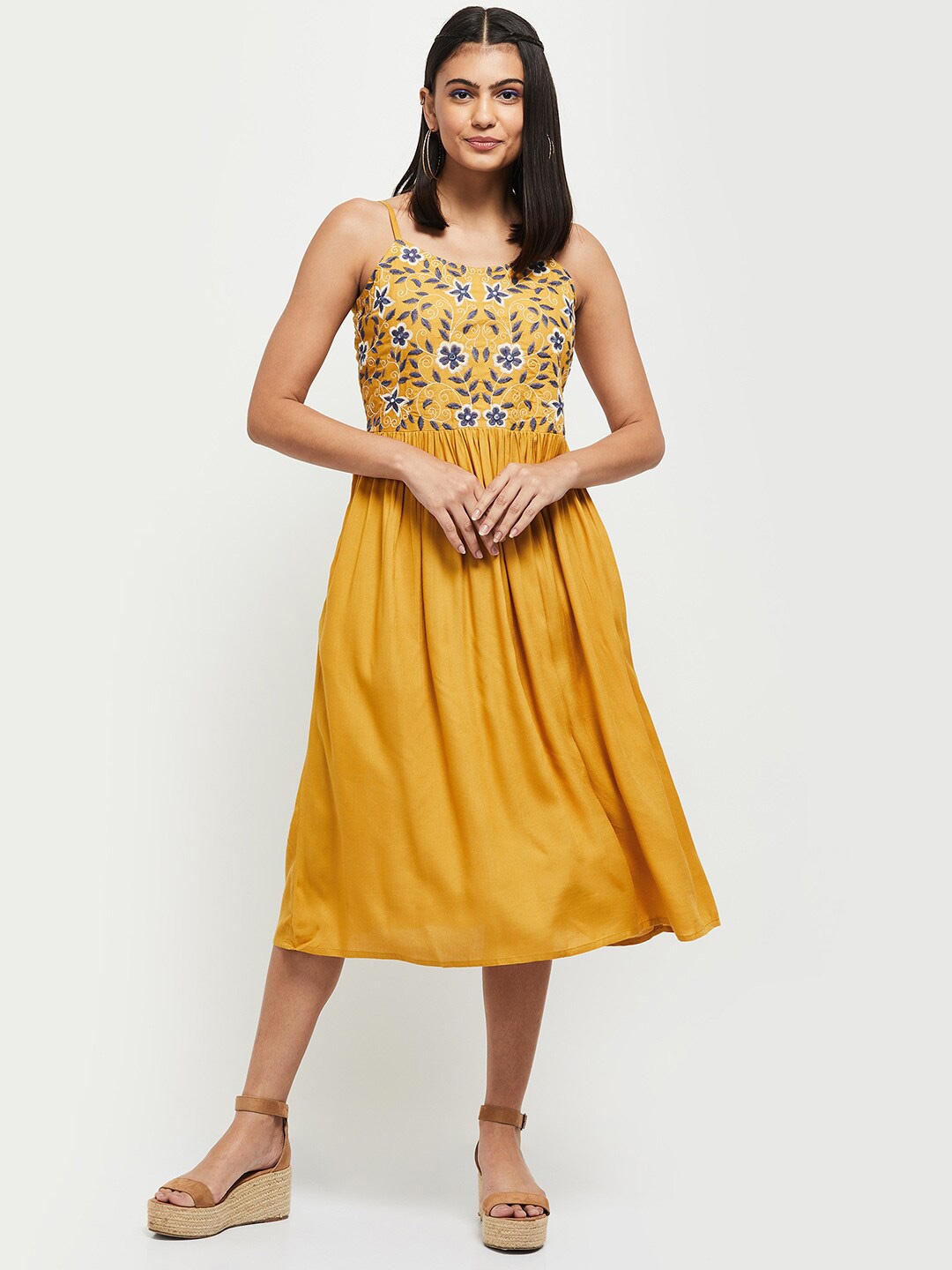 

max Mustard Yellow & Blue Floral Embroidered Midi Dress