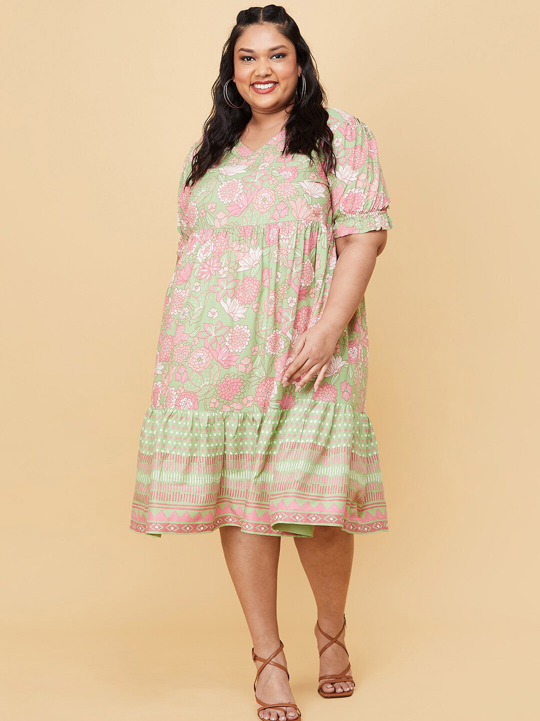 

max Women Plus Size Green & Pink Floral Ethnic Empire Midi Dress