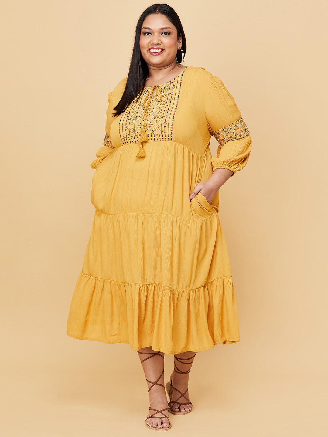 

max Women Plus Size Mustard Yellow Tie-Up Neck Empire Midi Dress
