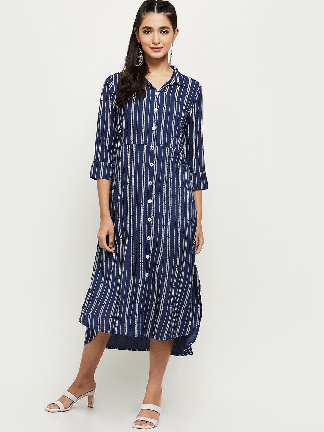 

max Blue Striped Shirt Midi 100% Cotton Dress