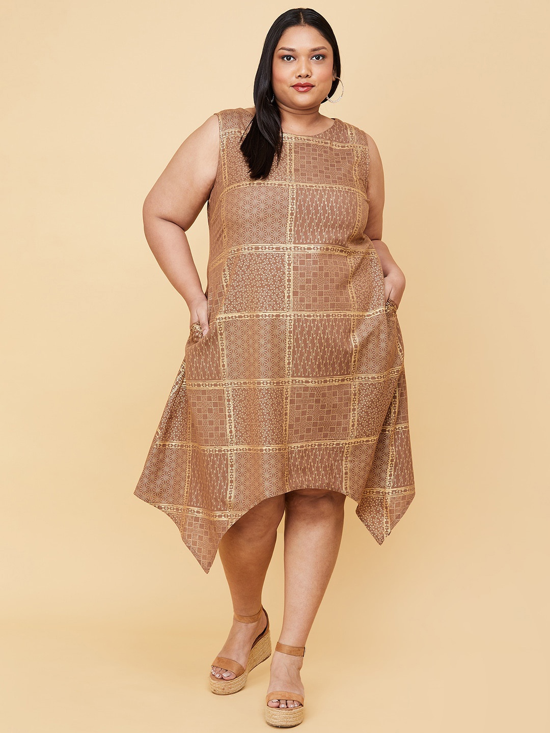 

max Women Plus Size Brown & Golden Geometric Printed Asymmetric A-Line Dress