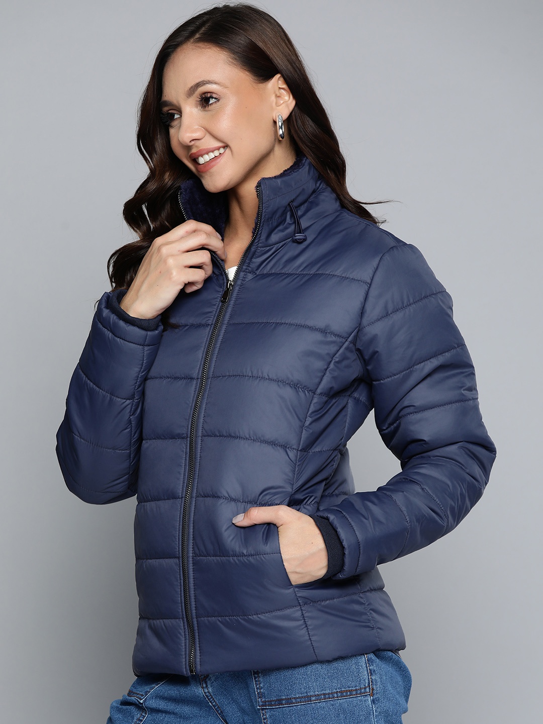 

HERE&NOW Women Navy Blue Solid Padded Jacket