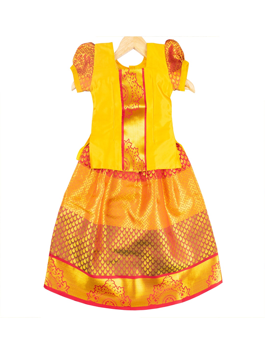 

AMIRTHA FASHION Girls Gold-Toned & Red Ready to Wear Lehenga Choli