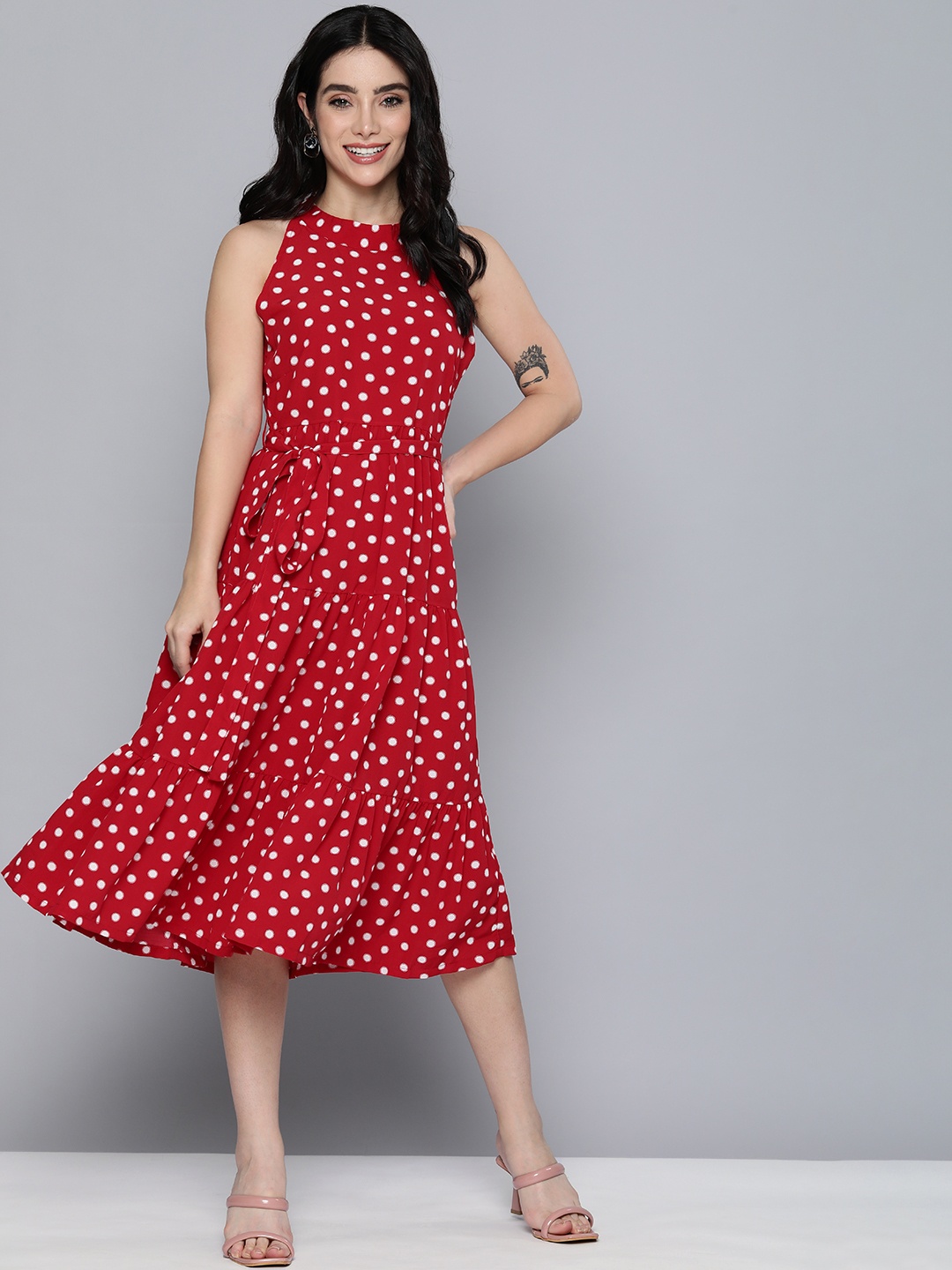 

Mast & Harbour Red & White Polka Dots Printed Tiered Midi Fit & Flare Dress