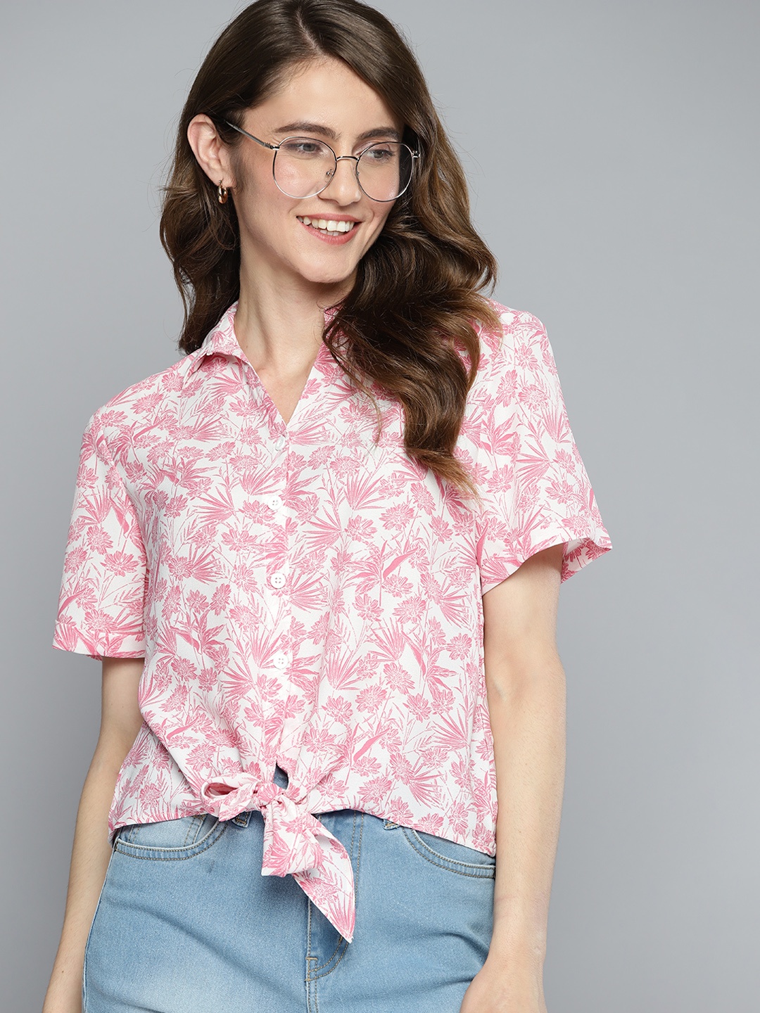 

Mast & Harbour Women White & Pink Floral Printed Casual Shirt